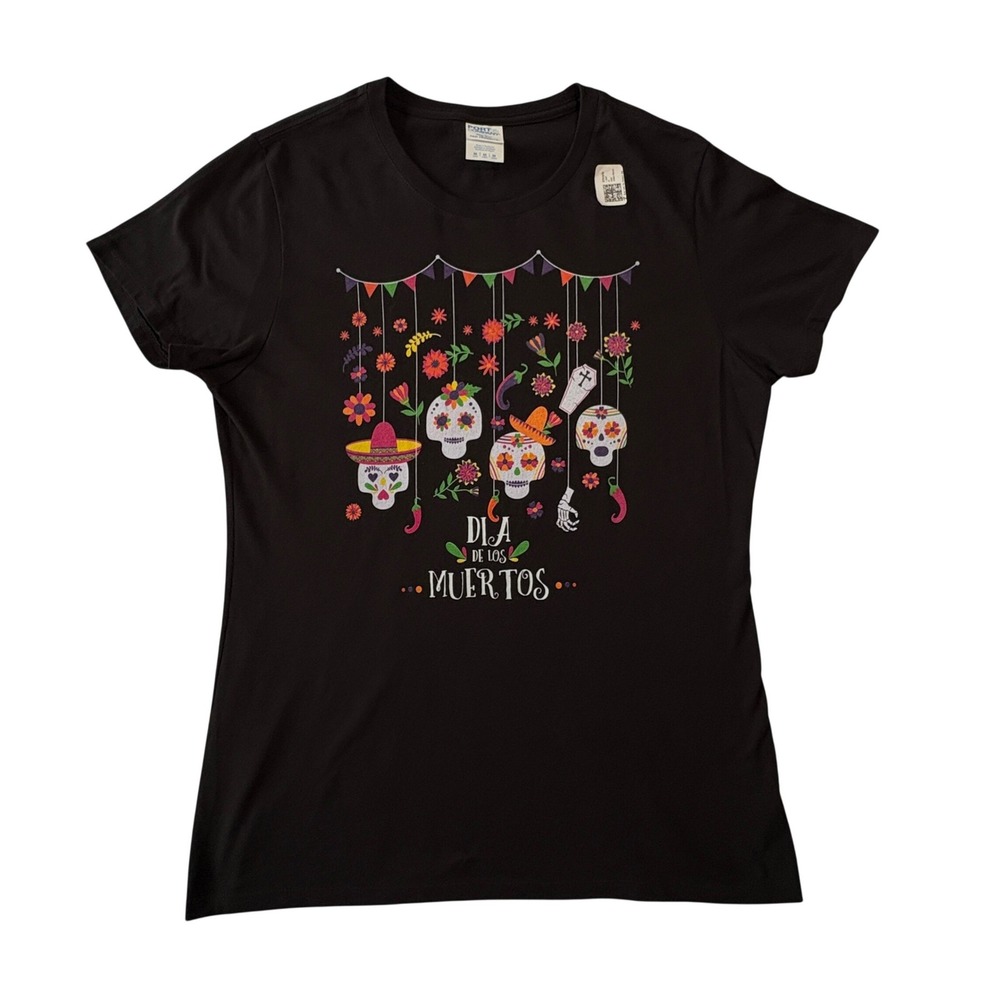 Gildan Softstyle Dia de los Muertos Sugar Skull Black T-Shirt Womens Small NWT